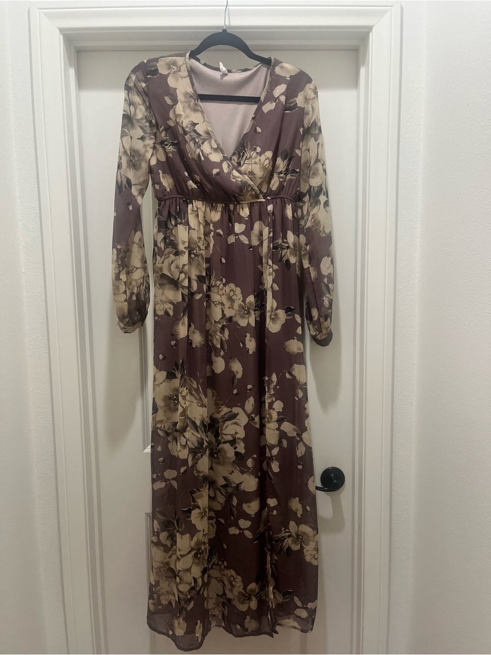 Maternity Floral Wrap Maxi Dress in Taupe and Cream
